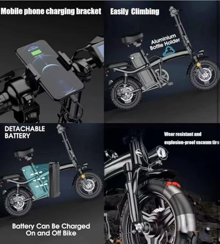 Foldable Electric Bike,14" Portable Folding E-Bike, City Bike, 48V 10AH Battery, 250W Motor, 25KMH Speed, Disc Brakes, Triple Suspension, 3 Riding Modes, Rear Seat, Recycle Energy System, Black, New! - Image 5