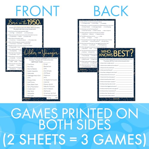 DISTINCTIVS Birthday Party Games - Born in The 1950s Navy Blue & Gold Birthday Game Bundle - 65th or 70th Birthday - Set of 3 Games for 20 Guests