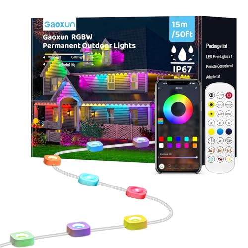 Gaoxun 50ft Permanent Outdoor Lights RGBW Smart Outside Lights with 30 LED APP/Remote Control Dimmable 47 Scene Modes Timer IP67 Waterproof Eaves Lighting for Daily Holiday Christmas Decorations