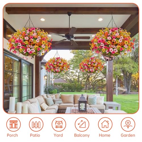 Artificial Flowers with Hanging Baskets Outdoors for Decoration Spring Summer Faux Daisy for outdoor planters Fake artificial hanging plants UV Resistant for Porch Home Patio Decor (Honey Gold) — view 4