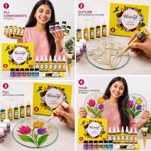Image of Glass Painting Kit with 6 Fevicryl Glass Colours | 6 Pastel Acrylic Colours | Black Outliner | 20 ml Golden 3D Outliner | DIY Art Set for Kids & Adults | Home Decor & Gifting