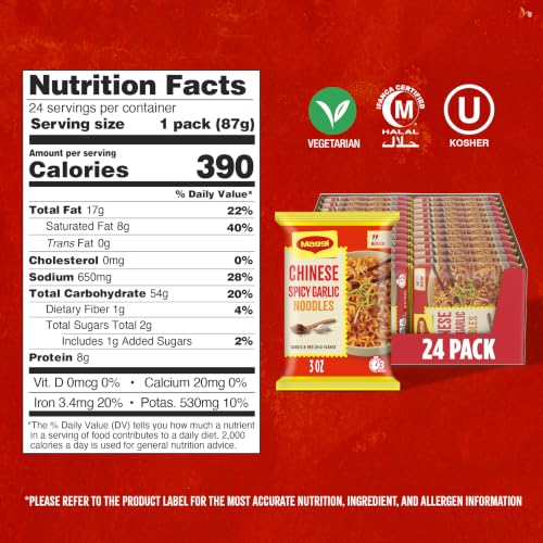 Image of Maggi Chinese Spicy Garlic Noodles 24-Pack | Instant ramen noodles; 3-minute; vegetarian; halal; kosher; 24 pack