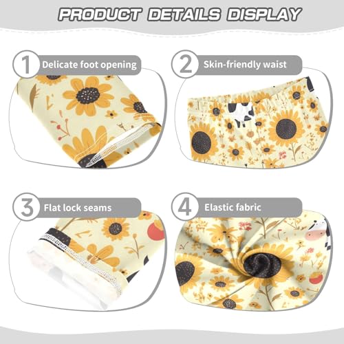 KLL Black White Cow Print Sunflowers Girls Active Leggings Soft High Waisted Workout Pants Running3