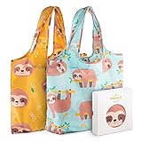 Momiji Premium Reusable Grocery Shopping Bags, Unique European Artists, Certified Recycled Polyester, Set of 2 Bags, Foldable, Eco-Friendly, Machine Washable, Lightweight (Sloth)