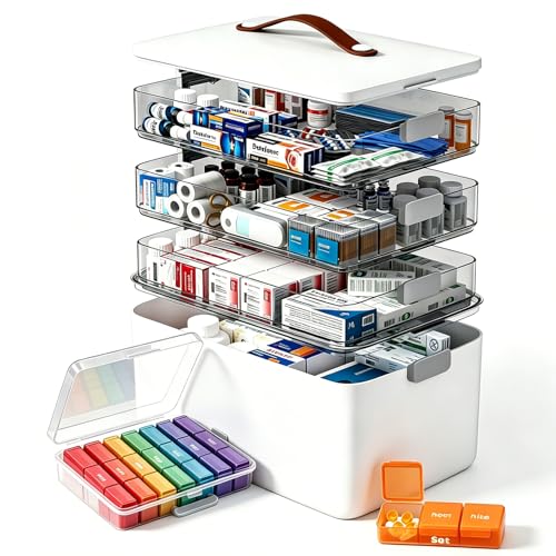Image of funest 4- Tier Medicine Storage Box Organizer Portable First Aid kit Box Sewing, Art, Craft with Handle, Multipurpose Medical Supply Organizer with Removable Tray 4-Tier Medicine Organizer Set