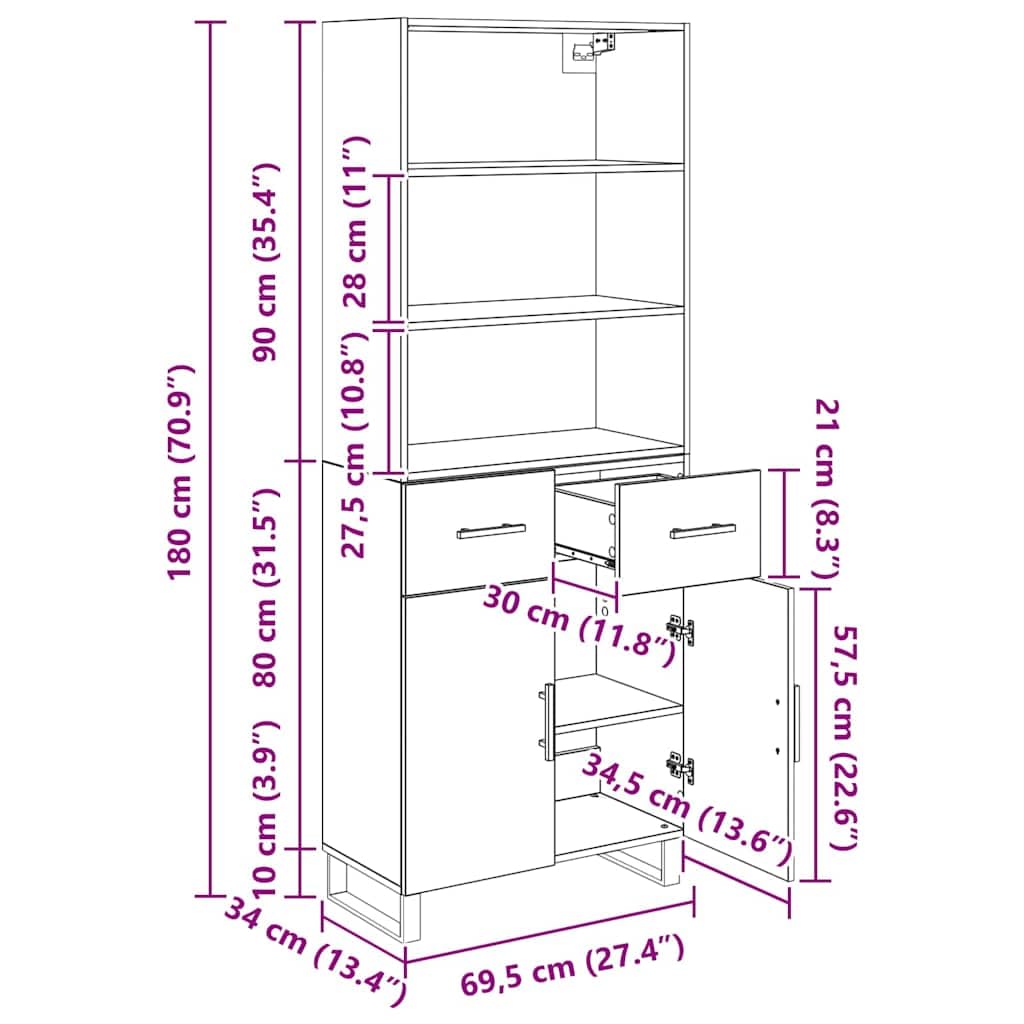 Meuble haut noir aspect chêne 69,5 x 34 x 180 cm avec 2 portes, 4 étagères et 2 tiroirs, buffet moderne pour salon, salle à manger, bureau avec beaucoup d'espace de rangement et