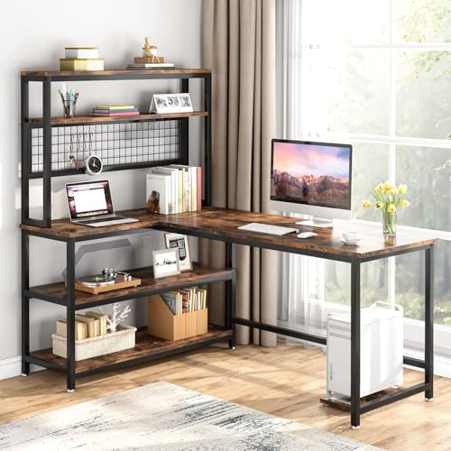 Image of L Shaped Office Table | Wooden Study Table with Bookshelf | Computer Table with Storage Shelves for Home & Office | Modern Workstation Desk for Laptop, Study & Work from Home Setup | 140x50x150 cm