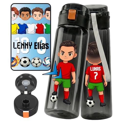 noki Personalisierte Trinkflasche Kinder Fußball auslaufsicher – Avatar mit Name & Rückennummer – Tritan 0,5L (Schwarz)