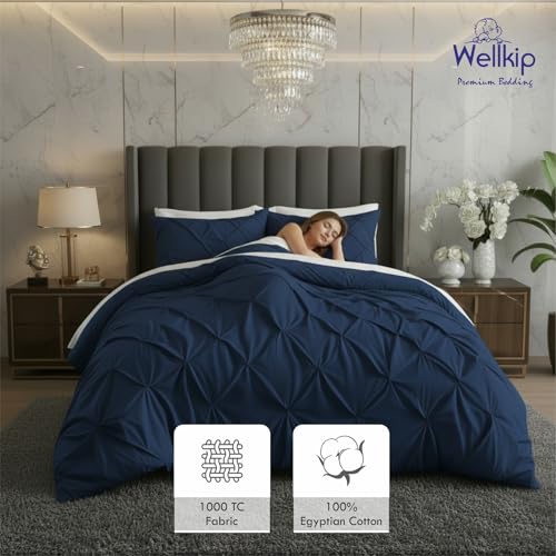 Image of Pinch Pleated Duvet Cover Set 1000TC 100% Cotton Premium 3-Pieces 1-Duvet Cover & 2-Pillow Cover Luxury Look Home and Hotel Zipper & 8-Tie Closure (Navy Blue, King 92 X 106 Inch)