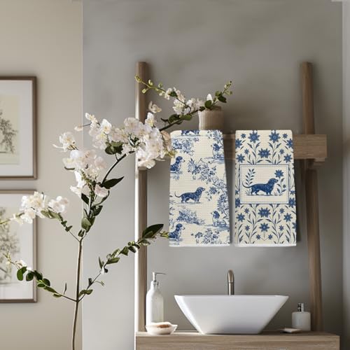Image of Blue Chinoiserie Dachshund Kitchen Towels, Dachshund Lover Gifts, Wiener Dog Gifts Dish Tea Towels for Kitchen, Vintage French Toile Dog Decorative Hand Towel for Bathroom, 16x24 Inch Set of 2