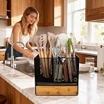 Kitchen Utensil Holder with Drawer, 2-In-1 Large Utensil Holder & Silverware Holder for Counter & Countertop, Kitchen Utensils Organizer for Cookware and Flatware, With Quick Dry Diatomite Pad - Image 2