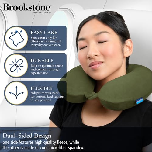 Image of Brookstone Travel Neck Pillow - Lightweight U-Shaped Memory Foam Travel Pillow for Airplane, Car Travels & Sleeping, Olive