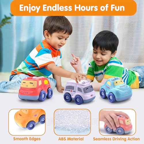 Image of Kidology Push & Go Baby Car Toy Set, Friction Powered Pull Back Cars for Toddlers, 4-Pack with 3D Lights & Sounds, Fun Cartoon Trucks for Boys & Girls, Baby Toys 1+ Year Old