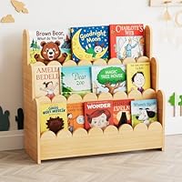 SpaceAid 3-Tier Scalloped Bookshelf, Montessori Bookcase for Toddlers, Wooden Book Shelf Organizer Display Furniture for Kids Rooms, Playroom, Nursery and Classroom, Natural