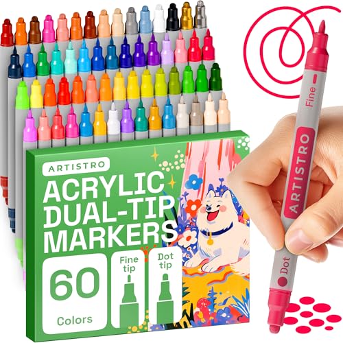 Image of ARTISTRO 60 Acrylic Paint Markers for Rock, Fabric, Wood, Glass, Eggs - Dual-Tip Paint Pens for Coloring Books for Adults, Teens, Kids - Art & Craft Supplies - Gift Idea - Easter Basket Stuffers
