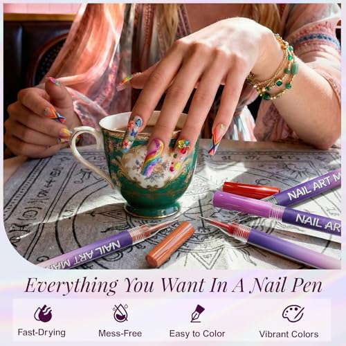 12 Color Nail Art Pens Set, Nail Art Markers & Nail Polish Pens with 0.5mm Fine Tip for Quick-Dry Graffiti, Dotting, Drawing, Painting, Liner - Professional DIY Home Salon Manicure Tools — view 3