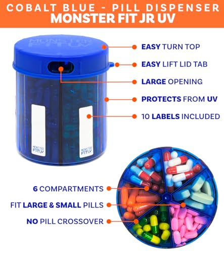 Image of Supplement Pill Dispenser Bottle, 6 Compartment, Labels, Easy Open, Anti-Mixing, UV Protected, Monthly Vitamin, Monster Fit Jr Medication Holder (Cobalt Blue, Small)
