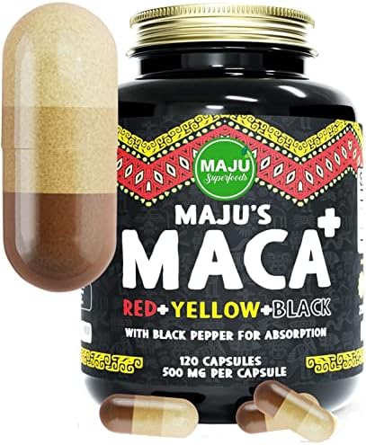 Maju Superfoods 4-in-1 Maca Root Capsules, Organic Black, Yellow & Red Roots w Black Pepper Extract for Absorption (120 ct) | Peru Product, Peruvian Powder, Men & Women Supplement, 60,000 mg