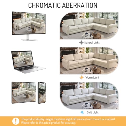 Image of KCGKCG 118 inch Sleeper Sofa Bed, Sectional Couches for Living Room /Apartment, Chenille L Shaped Couch with Pull Out Couch Bed, Convertible Sectional Sofa with Rolled Arm & Nailhead Trim, Beige