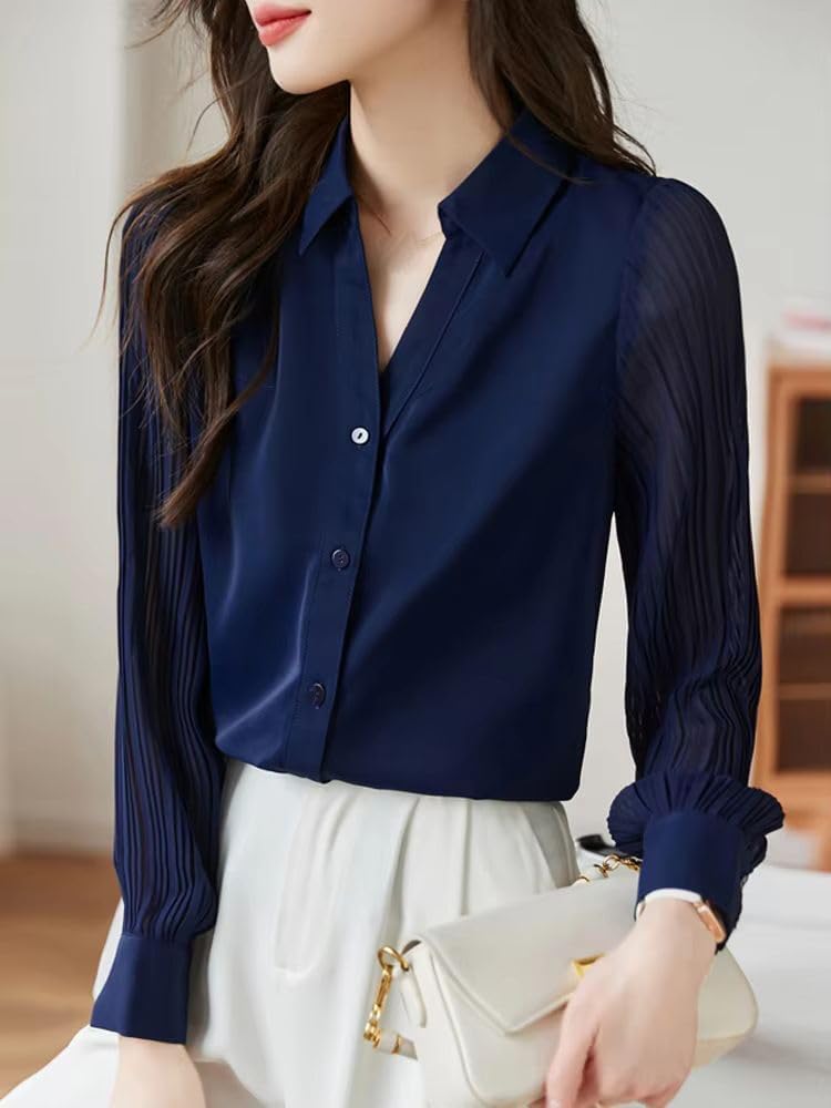 Women's Folds Long Sleeve Shirt Elegant Office Formal Top Casual Blouse Spring