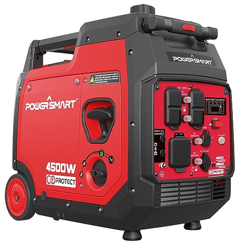 PowerSmart 4500 Watt Quiet Inverter Generator - Gas Powered Portable Generator with CO Sensor, Electric Star, RV-Ready, Wheels Handle Kit 57db Low Noise Gas Generator for Outdoor, Camping 2024 Version