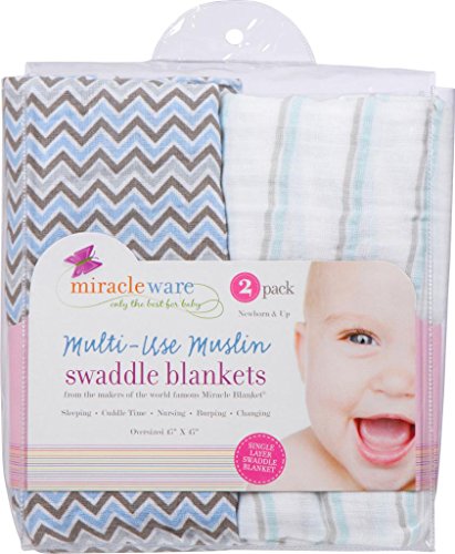 Image of Miracle Blanket Soft Muslin Swaddles Newborn Nursery Sleep Essential - Pack of 2 Warm Wraps (Blue & Grey Stripes & Chevrons)