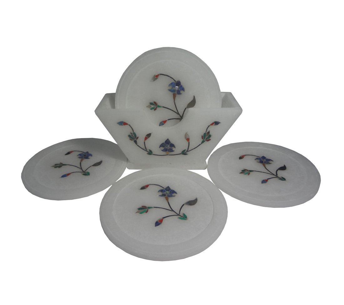 Avinash Handicrafts White Stone Inlaid Coaster Set of 6 Coasters (Standing) 4 inch - Image 2 thumbnail