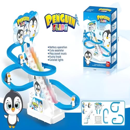 Image of WireScorts Penguin Slide Toy Set, Stair Climbing Roller Coaster with Sliding Tracks, Penguin Stair Climbing Toys for Kids, Escalator Toy with Lights and Music with 3 Penguins