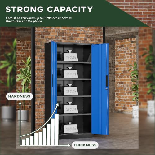 Image of Greenvelly Metal Storage Cabinet, 72 inch Locking Metal Garage Storage Cabinet with Doors and 4 Adjustable Shelves, Lockable Steel Cabinet for Home Office, Garage, Shop, School (Blue 32 inch W x 16 inch D)