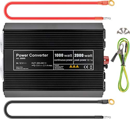 58890 Spannungswandler/ Wechselrichter/ Inverter 12V auf 230V 1000W/ 2000W mit 2x AC-Steckdosen und 1x USB-Anschluss (2100mA), schwarz