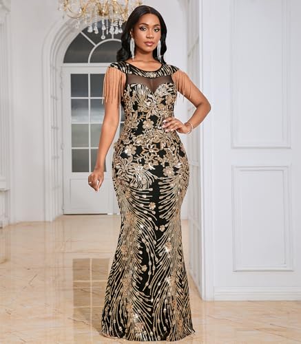Image of Cololura Women Sexy Sequin Mesh Perspective Bodycon Party Cocktail Evening Gown Maxi Dress