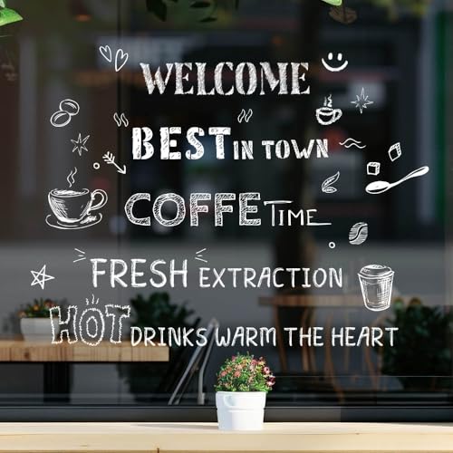 Coffee Shop Window Stickers Static Cling Window Film– Reusable Fall Window Decals for Glass, No Glue, Removable Decorative Window Clings for Café, Shop & Home, Festival Decoration
