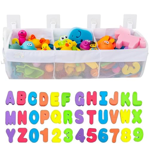 Comfylife Large Bath Toy Organizer with Letters and Numbers 3 Compartment Bath Toy Holder for Bathtub & Shower Quick-Dry Mesh with 4 Strong Adhesive Hooks