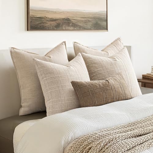 Image of MIULEE Decorative Linen Check Lumar Throw Pillow Covers Neutral Farmhouse Vintage Pillow Covers 12x20 Set of 2 Boho Modern Winter Home Decor for Sofa Couch Bedroom Cushion Light Brown