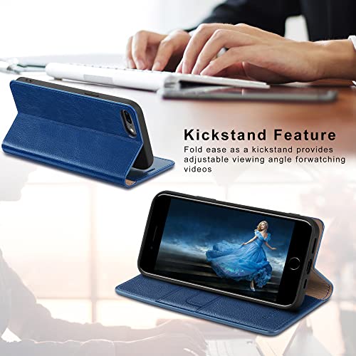 Belemay Iphone 8 Plus Wallet Case, Genuine Cowhide Leather Flip Case [Slim Fit] Folio Cover [Shockproof Soft Tpu Inner Case] Card Holder Slots, Kickstand, Cash Pockets Compatible Iphone 8 Plus, Blue #TOP5