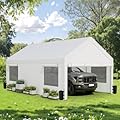 JAMFLY 12x20 ft Heavy Duty Carport with Roll-up Windows & Removable Sidewalls & Doors – Portable Garage Canopy with All-Season Tarp, Sandbags for Car, Truck, Boat, Motorcycle, White