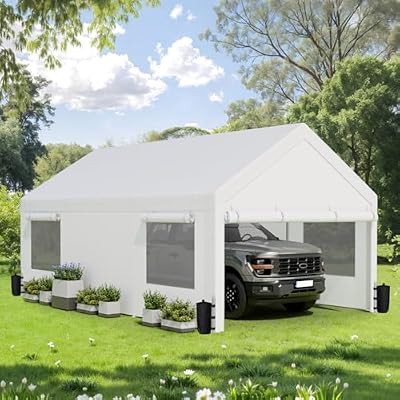 JAMFLY 12x20 ft Heavy Duty Carport with Roll-up Windows & Removable Sidewalls & Doors – Portable Garage Canopy with All-Season Tarp, Sandbags for Car, Truck, Boat, Motorcycle, White