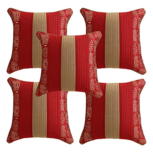 Image of Gifts Island Combo Silk Traditional Striped & Rajasthani Warli Golden Hand Printed Pillow Cushion Covers 16x16 inches Set of 5 & Round Pillow Bolster Covers Set of 2 16x32 inches (Red)