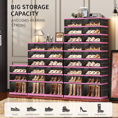 Image of CIMLORD 9-Tier Foldable Shoe Rack Organizer with Door, 36 Pairs, Black-Pink | Collapsible Large Shoe Rack for 36 Pairs, Fits Boots, Wide Stackable, Clear Door, Lidded Boxes, Easy Assembly, for Closet