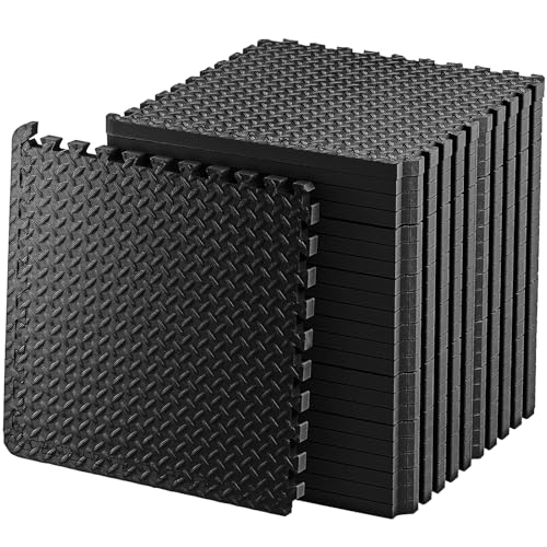Exercise Foam Mat - Anti fatigue Protective Interlocking Puzzle EVA Floor Tiles with Edges - Gym Flooring Mats - Non slip Rubber Cushion for Underlay (Black 4 Tiles (16 Square Feet))