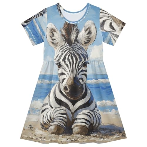 ALAZA Girls' Dresses Cute Zebra on The Beach Short Sleeve Dresses