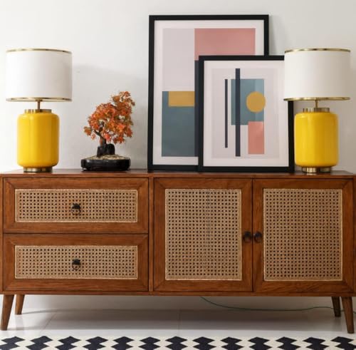 Image of Solid Sheesham Wood Sideboard Cabinet For Living Room | Wooden Cane Design Cabinet With 2 Drawers & 2 Door Storage | Mid Century Modern Sideboard For Hallway, Office, & Lounge | Natural Finish
