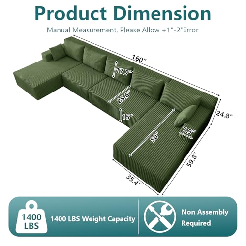 Image of 160 inch U-Shape Cloud Couch, Modern Modular Sectional U-Shape Sofa, Corduroy Boneless Couch Upholstered Couches Deep Seat Sleeper Chaise Longue for Living Room, No Assembly Required,Green