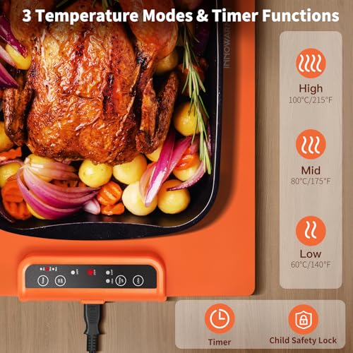 INNOWARMER Warmhalteplatte Elektrisch,Speisenwärmer Ganzflächige Erwärmung,Faltbare Silikon Warmhalteplatte 3 Einstellbarer Temperatur & Timer,Buffetwärmer Elektrisch für Buffet Familie (Orange) – Bild 3