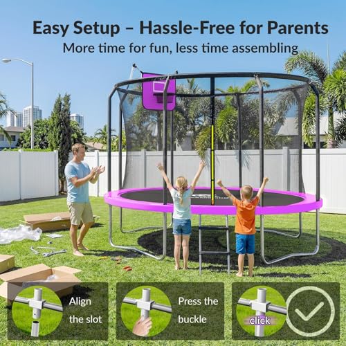 Image of ACWARM HOME Trampoline Outdoor 15FT Trampoline with Basketball Hoop and LED Lights, Recreational Trampolines for Kids and Adults with Net and Ladder, ASTM Approved, Purple