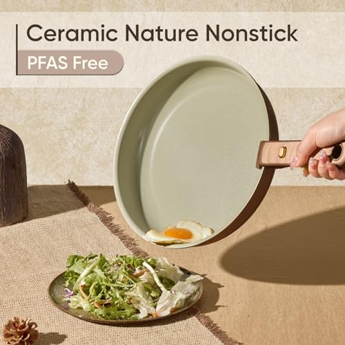 Image of CAROTE Ceramic Cookware Set, Pots and Pans Set Non Stick with Detachable Handle, RV Kitchen Cooking Set, Induction & Oven Safe, PFAS and PFOA Free, Pistachio Green 19 Pcs