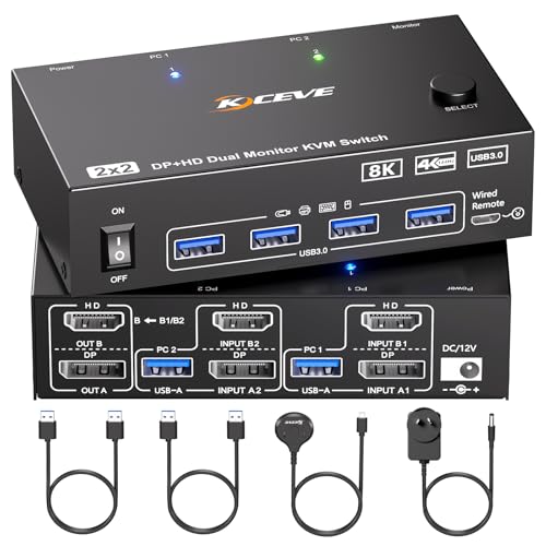 KVM Switch 2 Monitors 2 Computers Displayport HDMI 4K@144Hz, USB3.0 Dual Monitor KVM Switch for 2 Computers Share 2 Monitors and 4 USB Peripherals,Wired Remote 12V Adapter and 2 USB Cable