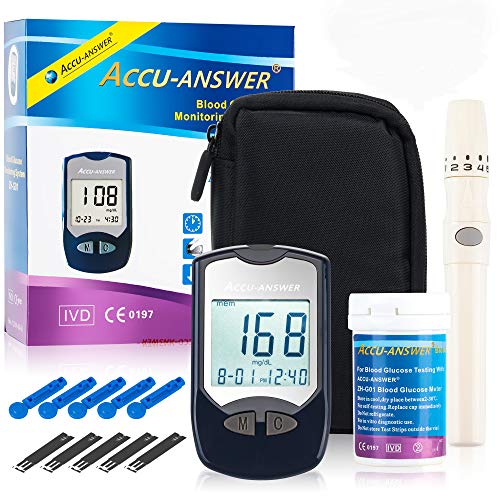 AccuAnswer Diabetic Monitoring Kit - Blood Glucometer Testing Kit - Home Diabetes Sugar Tester with Strips - Complete with Lancet Kit and a Manual