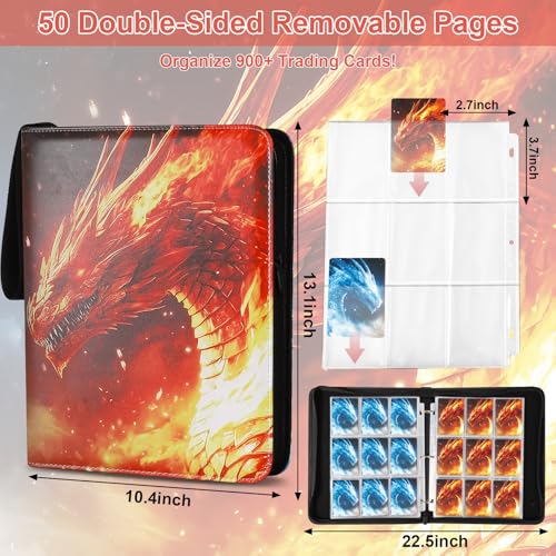 Image of Fire & Ice Dragon 9 Pocket Trading Card Binder Album, Holds 900 Cards with 50 Removable Double-Sided Sleeves, Waterproof PU Leather Zipper Binder for TCG, MTG, Sports Cards