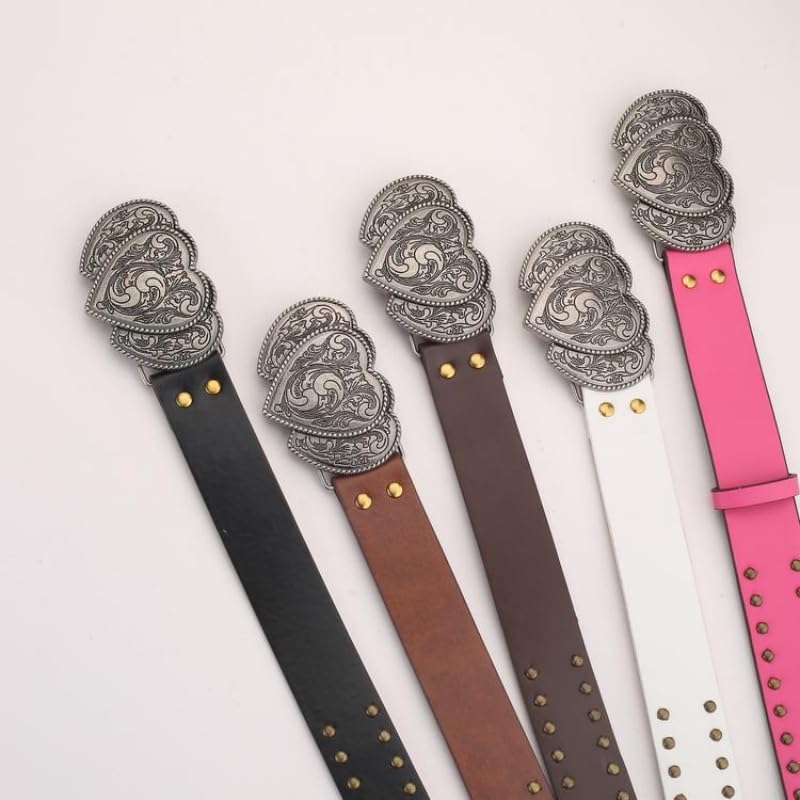 Women's Retro Belt Heart Love Shape Silver Buckle Waist Belts Punk Rivets Waistband Western Cowgirl Belt2
